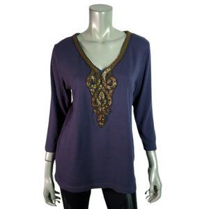 Soft‎ Surroundings Top Size L Ribbed Beaded Stretch V-Neck  3/4 Sleeve Blue